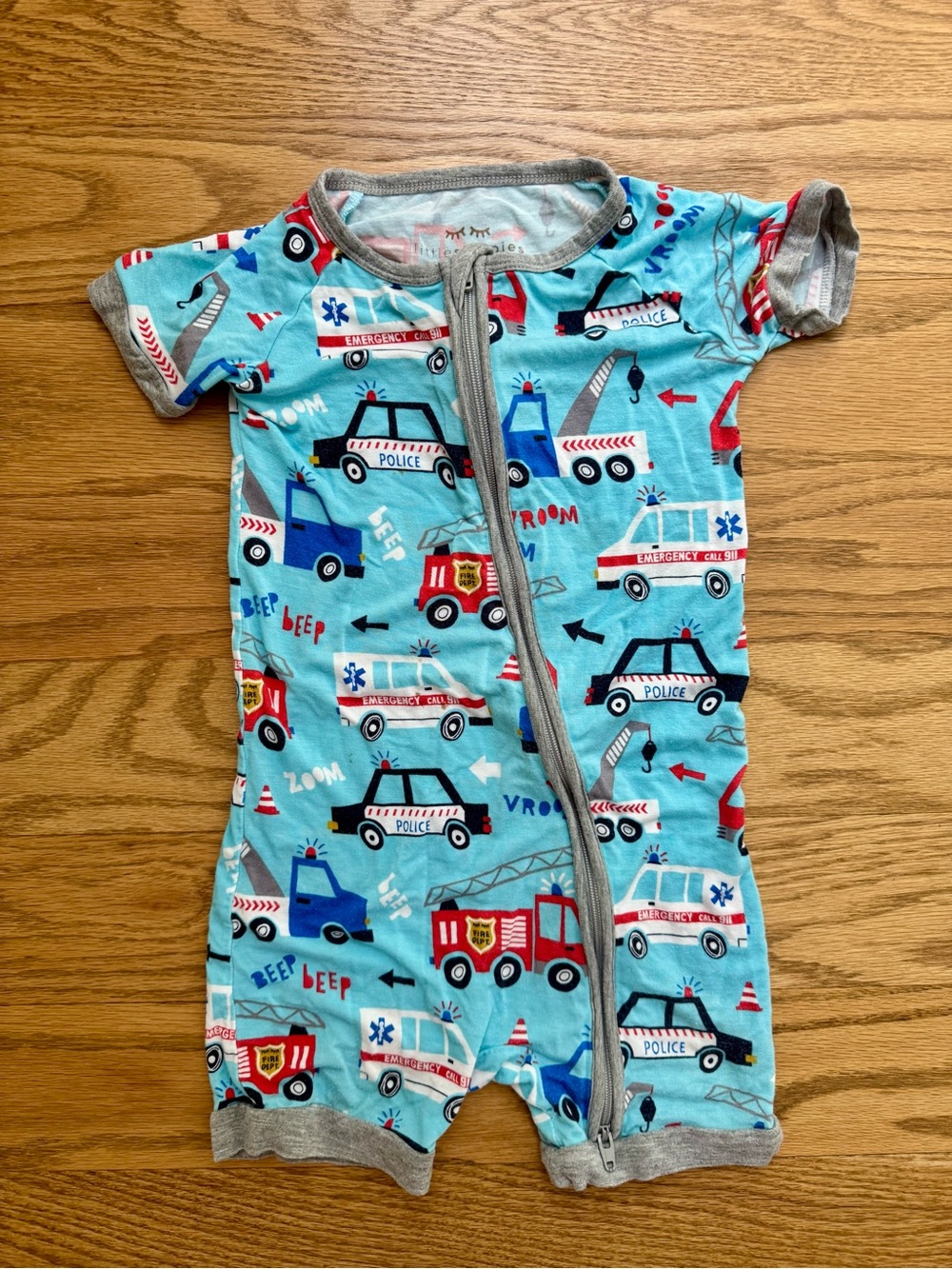 Little Sleepies Light Blue bamboo Short-Sleeve Romper with Rescue Vehicle Print